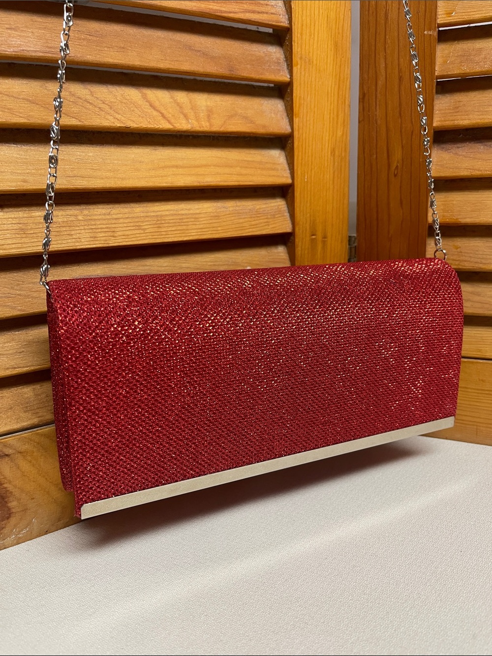 Red Sparkle Evening Clutch with Silver Chain